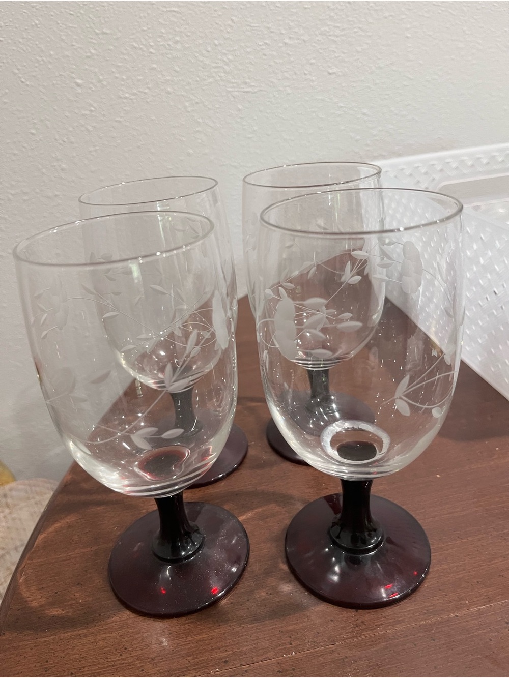 Princess House Etched Vine Wine Glasses with Dark Purple Stems - Set of 4